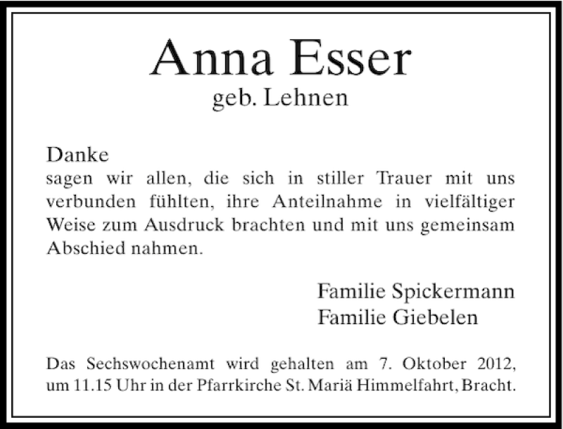 Alle Traueranzeigen F R Anna Esser Trauer Rp Online De