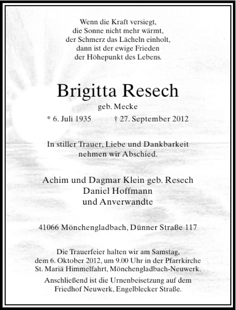 Alle Traueranzeigen F R Brigitta Resech Trauer Rp Online De