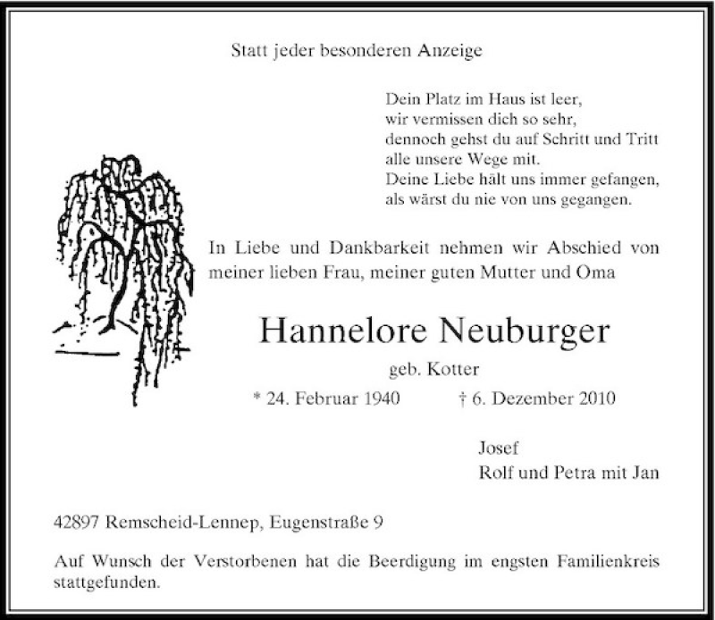 Alle Traueranzeigen für Hannelore Neuburger trauer rp online de