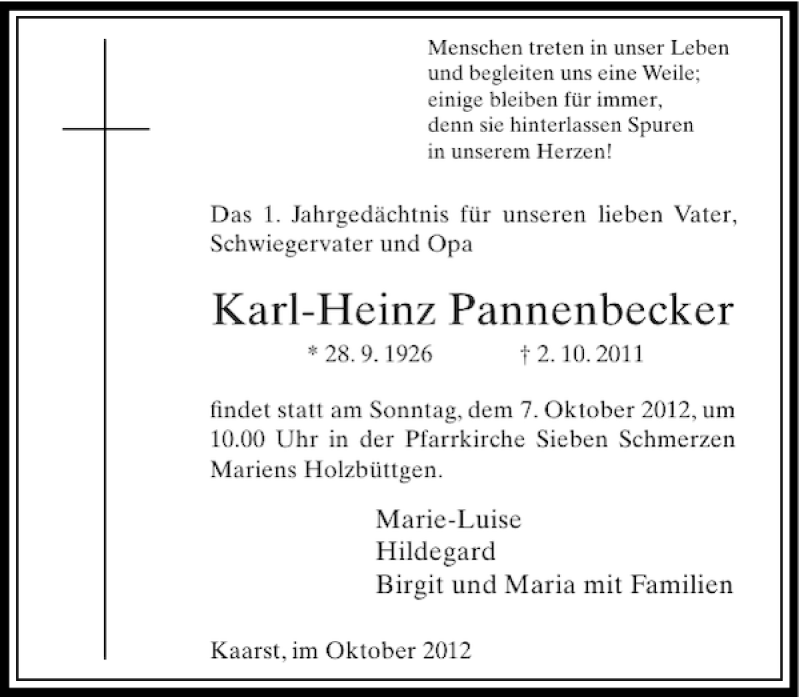 Alle Traueranzeigen für Karl Heinz Pannenbecker trauer rp online de