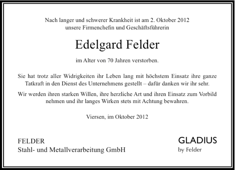 Alle Traueranzeigen für Edelgard Felder trauer rp online de