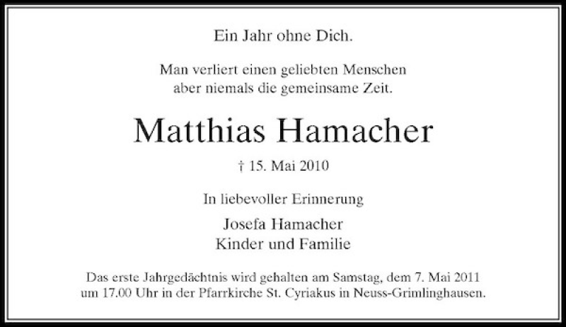 Alle Traueranzeigen für Matthias Hamacher trauer rp online de