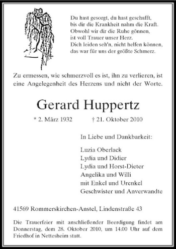 Alle Traueranzeigen F R Gerard Huppertz Trauer Rp Online De