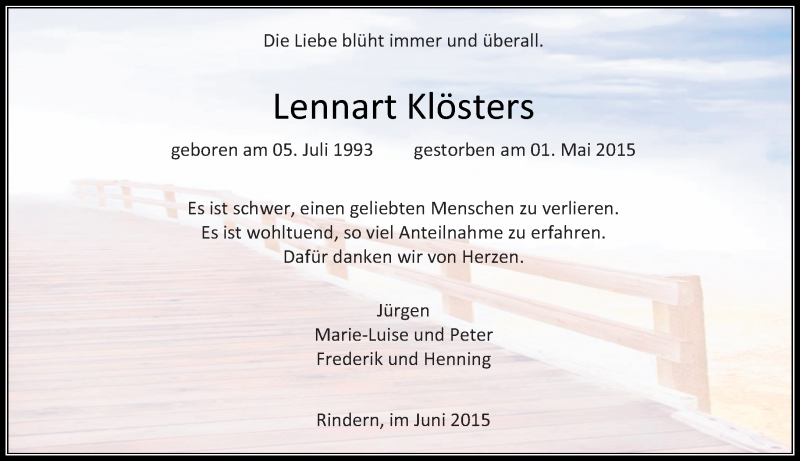  Traueranzeige für Lennart Klösters vom 13.06.2015 aus Rheinische Post