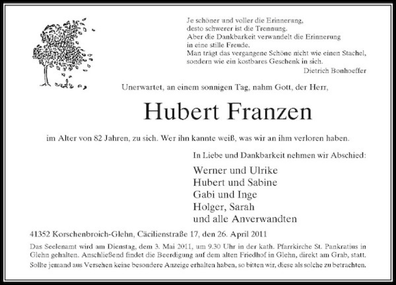 Alle Traueranzeigen F R Hubert Franzen Trauer Rp Online De