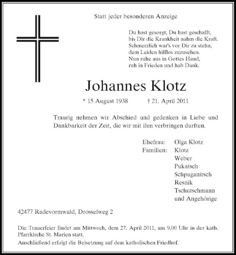 Alle Traueranzeigen F R Johannes Klotz Trauer Rp Online De