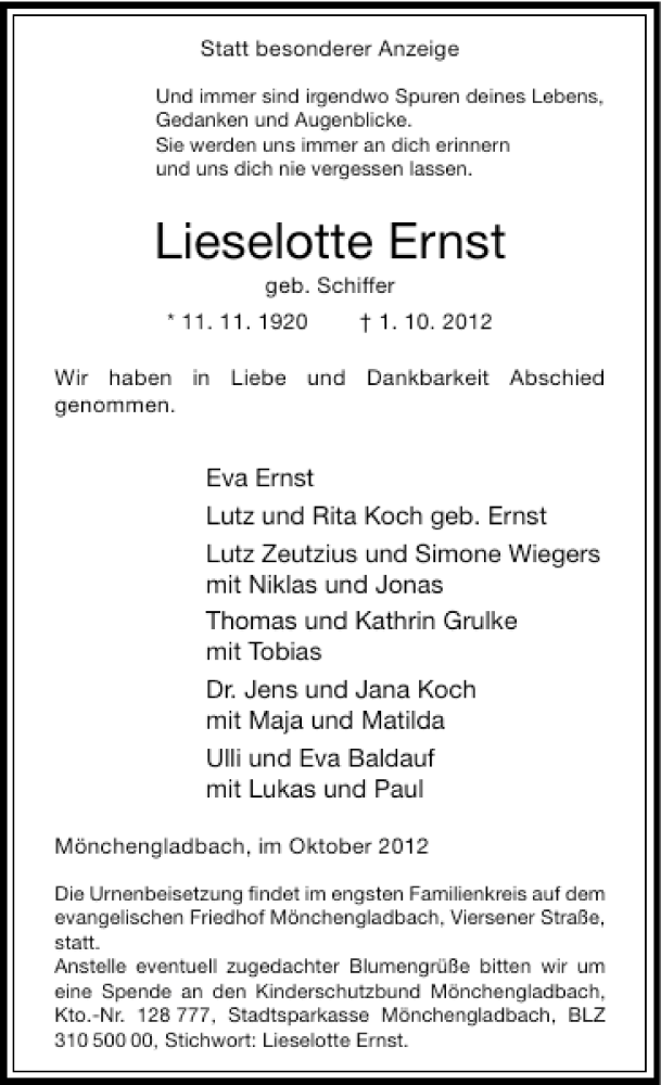 Alle Traueranzeigen F R Lieselotte Ernst Trauer Rp Online De