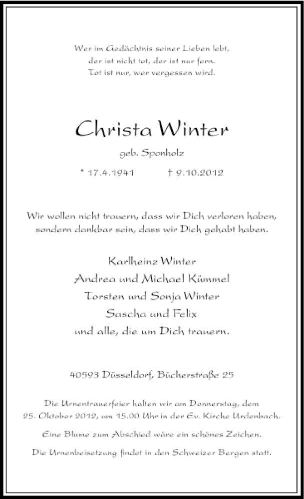 Alle Traueranzeigen für Christa Winter trauer rp online de