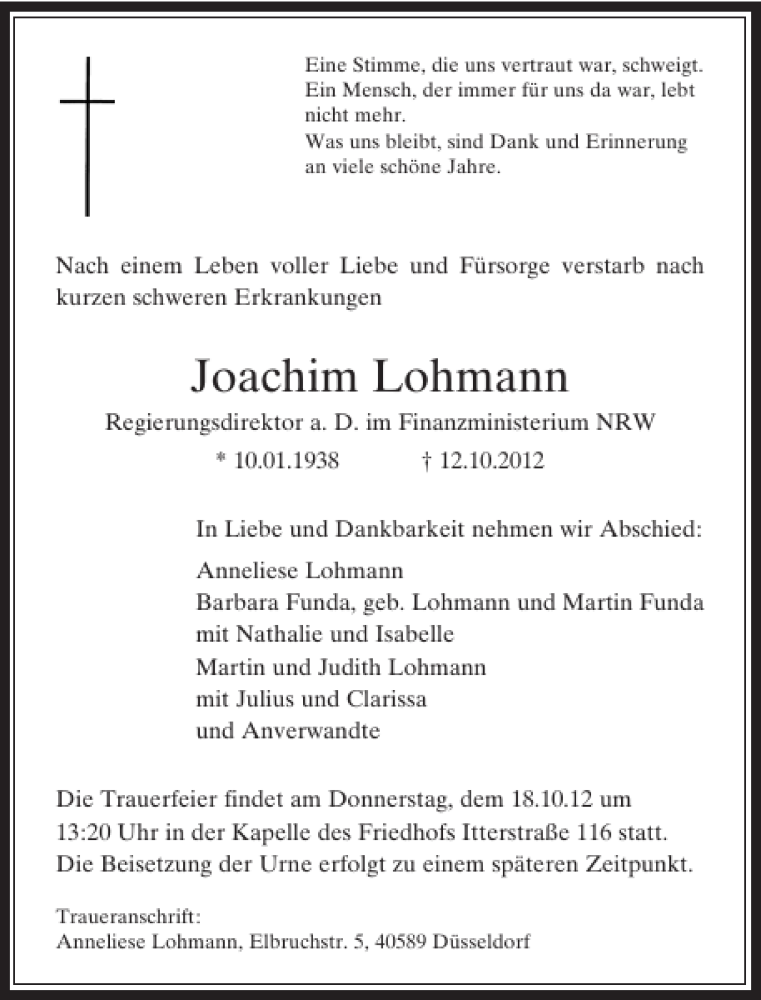 Alle Traueranzeigen für Joachim Lohmann trauer rp online de