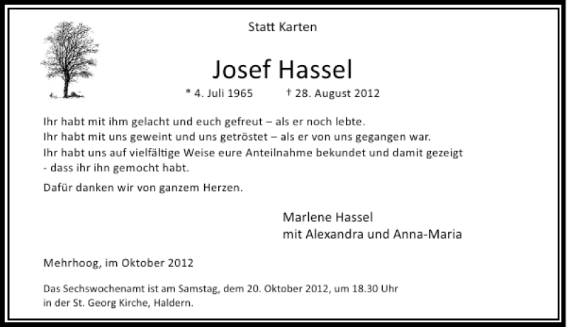  Traueranzeige für Josef Hassel vom 17.10.2012 aus Rheinische Post