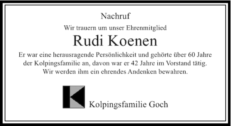 Alle Traueranzeigen F R Rudi Koenen Trauer Rp Online De