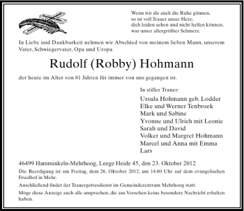 Alle Traueranzeigen für Rudolf Robby Hohmann trauer rp online de