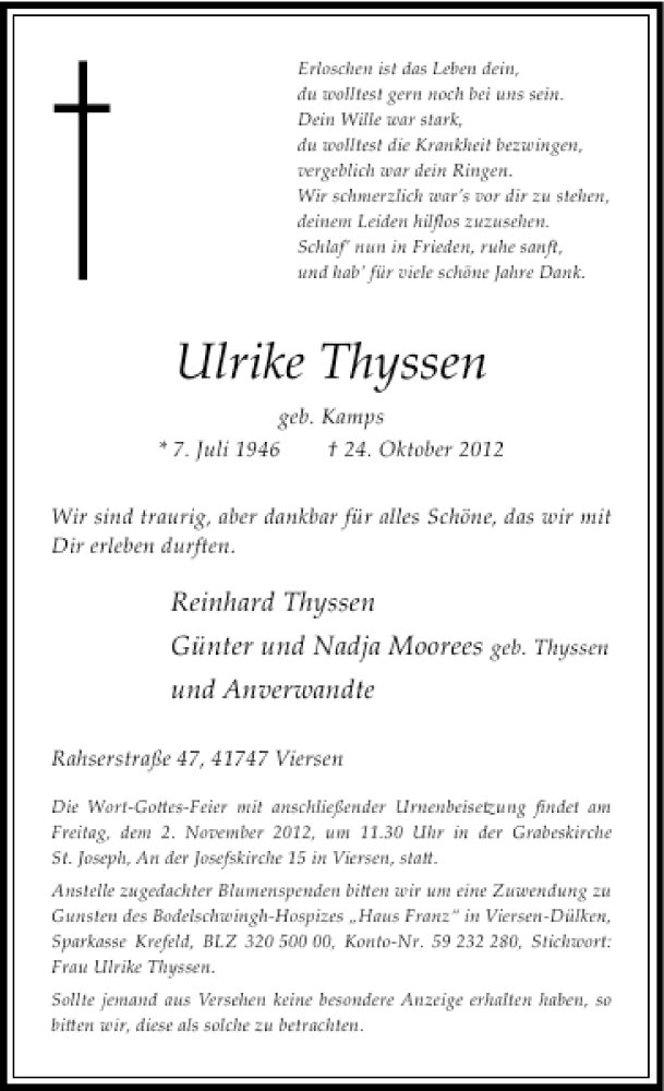  Traueranzeige für Ulrike Thyssen vom 27.10.2012 aus Rheinische Post