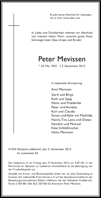 Alle Traueranzeigen für Peter Mevissen trauer rp online de