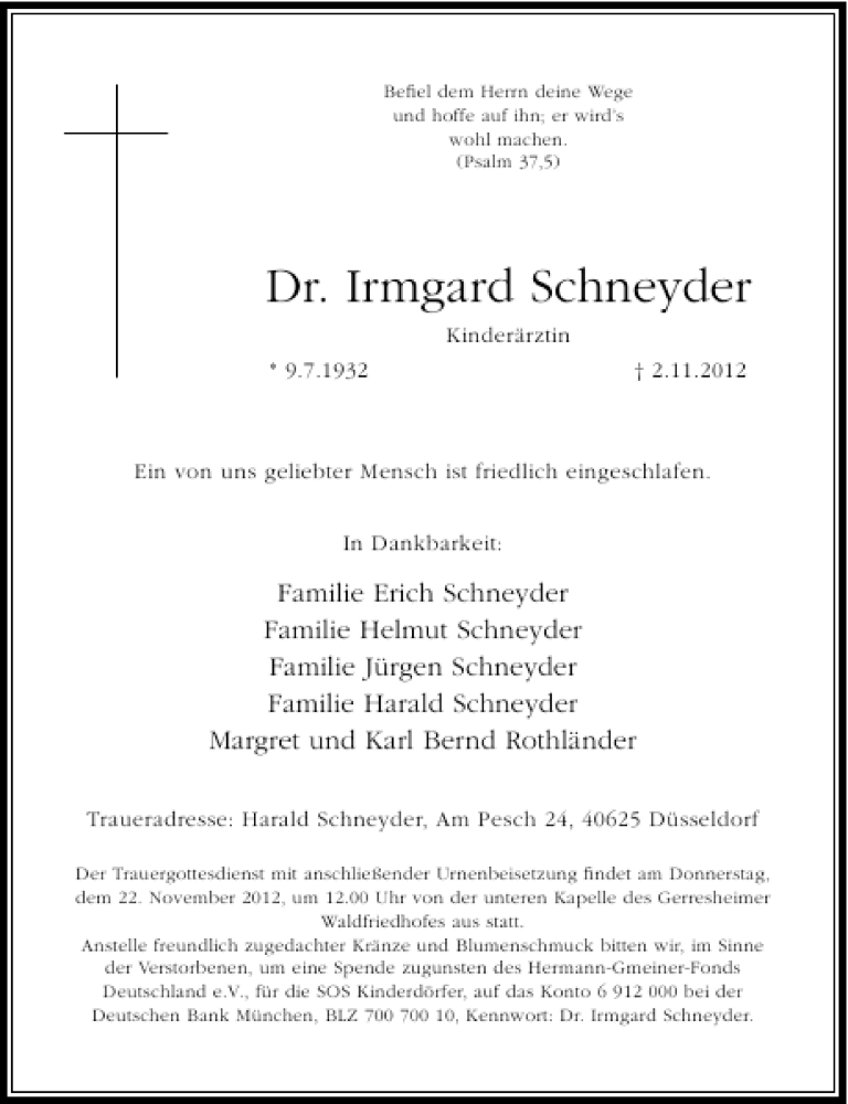 Alle Traueranzeigen F R Dr Irmgard Schneyder Trauer Rp Online De