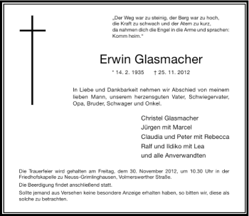 Alle Traueranzeigen für Erwin Glasmacher trauer rp online de