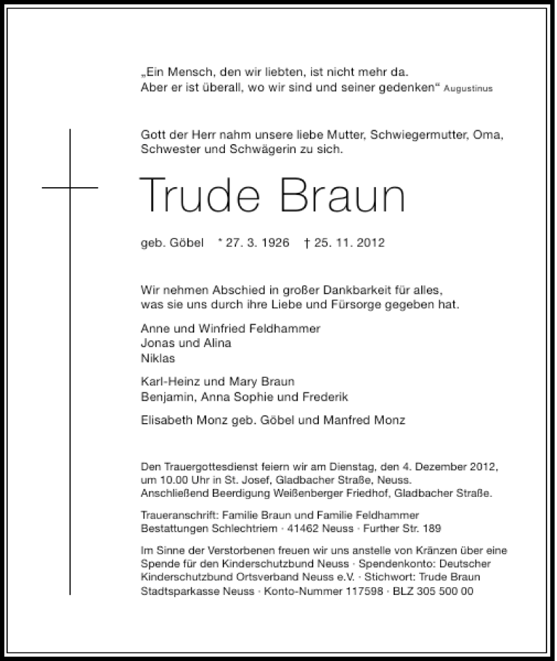 Alle Traueranzeigen F R Trude Braun Trauer Rp Online De