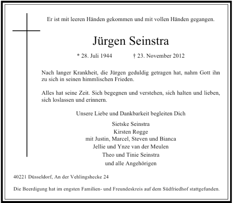  Traueranzeige für Jürgen Seinstra vom 01.12.2012 aus Rheinische Post