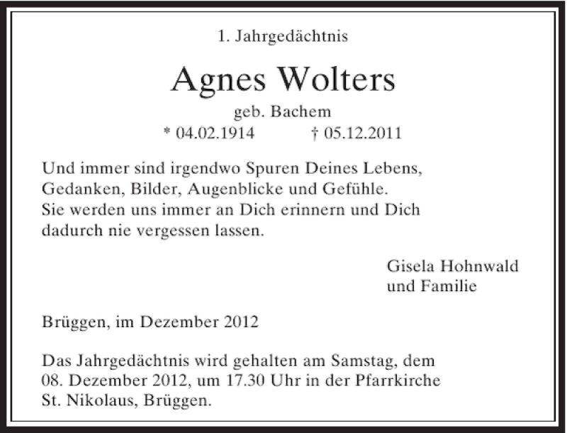 Alle Traueranzeigen für Agnes Wolters trauer rp online de