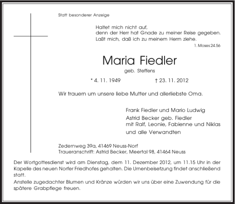 Alle Traueranzeigen F R Maria Fiedler Trauer Rp Online De