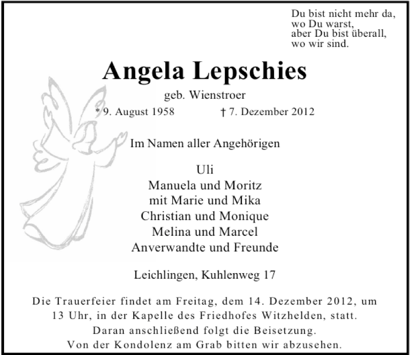  Traueranzeige für Angela Lepschies vom 12.12.2012 aus Rheinische Post