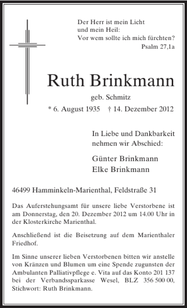 Alle Traueranzeigen F R Ruth Brinkmann Trauer Rp Online De