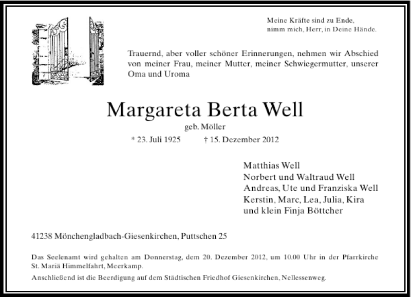 Alle Traueranzeigen für Margareta Berta Well trauer rp online de