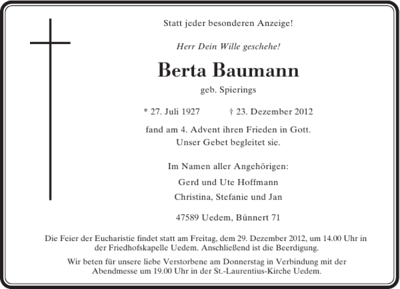 Alle Traueranzeigen für Berta Baumann trauer rp online de