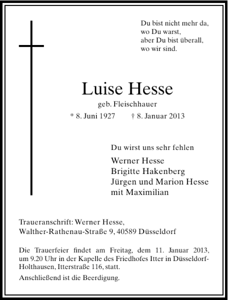 Alle Traueranzeigen für Luise Hesse trauer rp online de