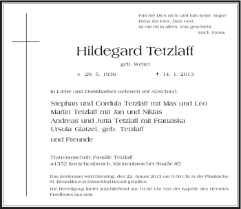 Alle Traueranzeigen für Hildegard Tetzlaff trauer rp online de