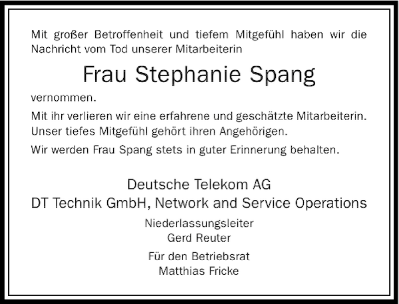 Alle Traueranzeigen für Frau Stephanie Spang trauer rp online de