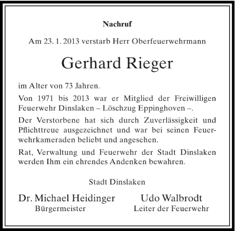 Alle Traueranzeigen F R Gerhard Rieger Trauer Rp Online De