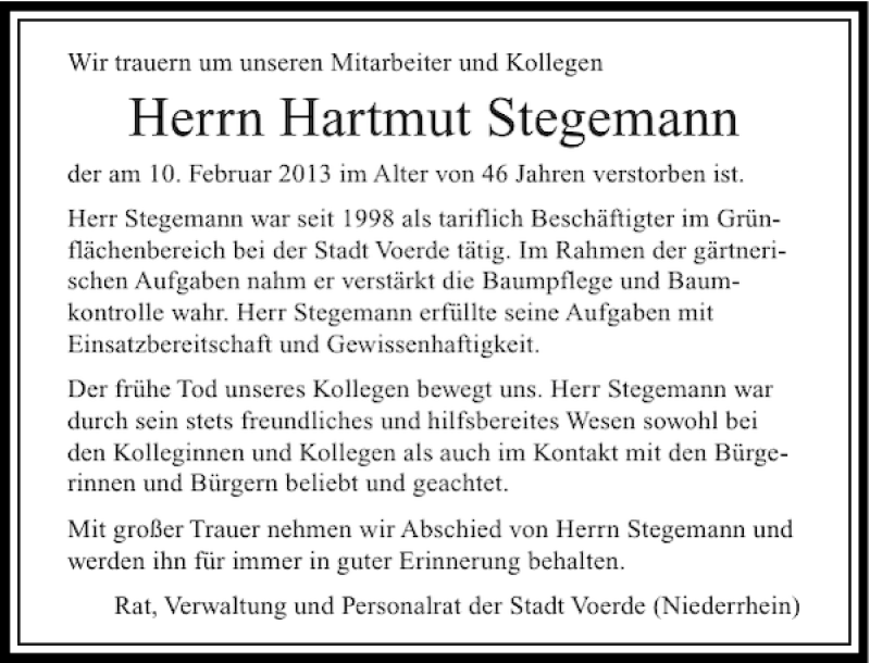 Alle Traueranzeigen für Hartmut Stegemann trauer rp online de