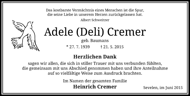 Alle Traueranzeigen F R Adele Cremer Trauer Rp Online De