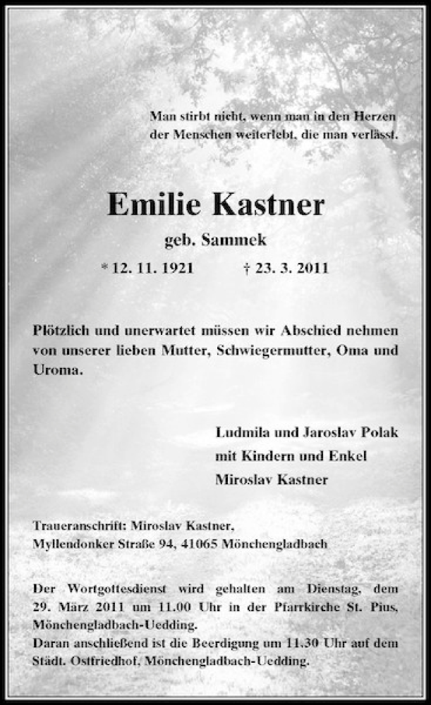 Alle Traueranzeigen für Emilie Kastner trauer rp online de