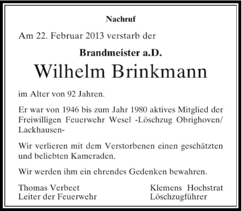 Alle Traueranzeigen für Wilhelm Brinkmann trauer rp online de