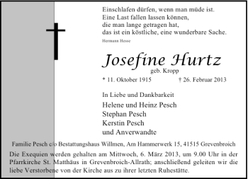 Alle Traueranzeigen für Josefine Hurtz trauer rp online de