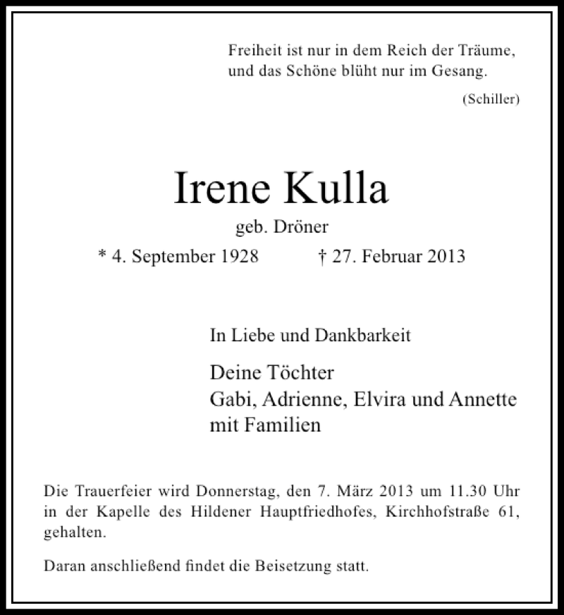 Alle Traueranzeigen für Irene Kulla trauer rp online de