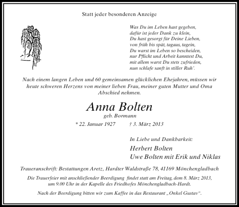 Alle Traueranzeigen für Anna Bolten trauer rp online de