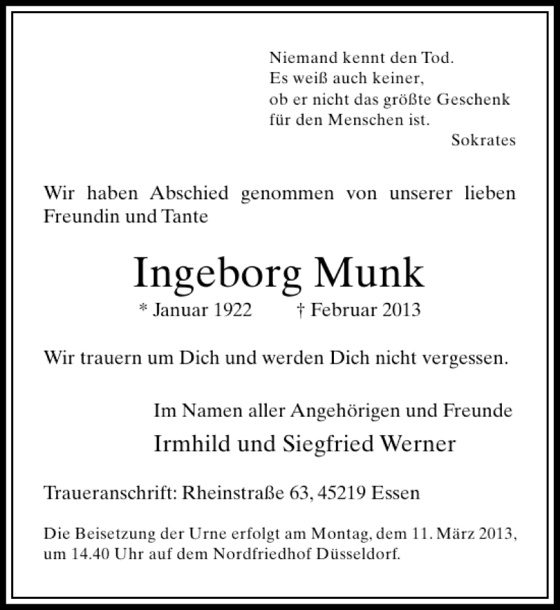 Alle Traueranzeigen für Ingeborg Munk trauer rp online de