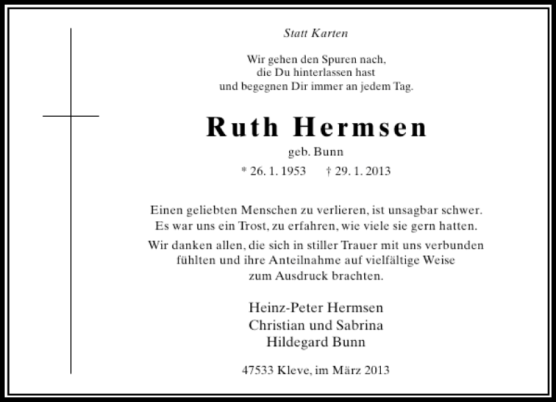 Alle Traueranzeigen für Ruth Hermsen trauer rp online de