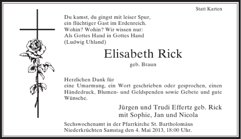  Traueranzeige für Elisabeth Rick vom 21.03.2013 aus Rheinische Post