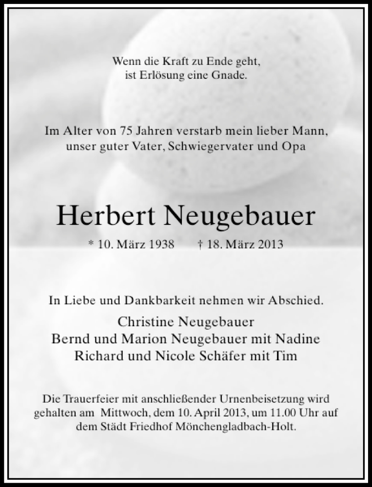 Alle Traueranzeigen F R Herbert Neugebauer Trauer Rp Online De