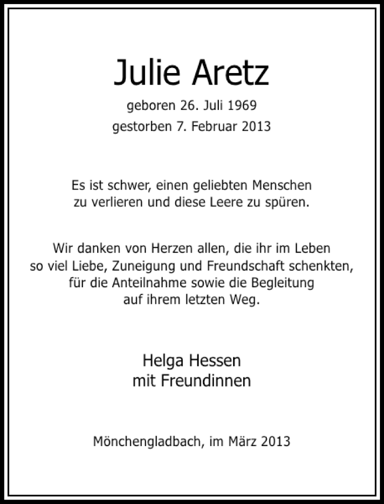 Alle Traueranzeigen für Julie Aretz trauer rp online de