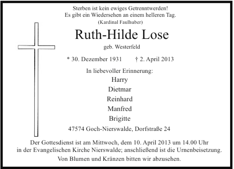 Alle Traueranzeigen F R Ruth Hilde Lose Trauer Rp Online De