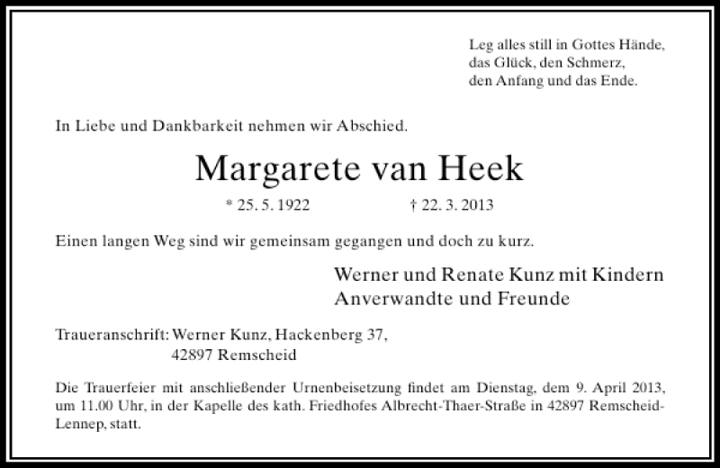 Alle Traueranzeigen F R Margarete Van Heek Trauer Rp Online De