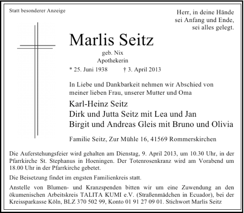 Alle Traueranzeigen F R Marlis Seitz Trauer Rp Online De