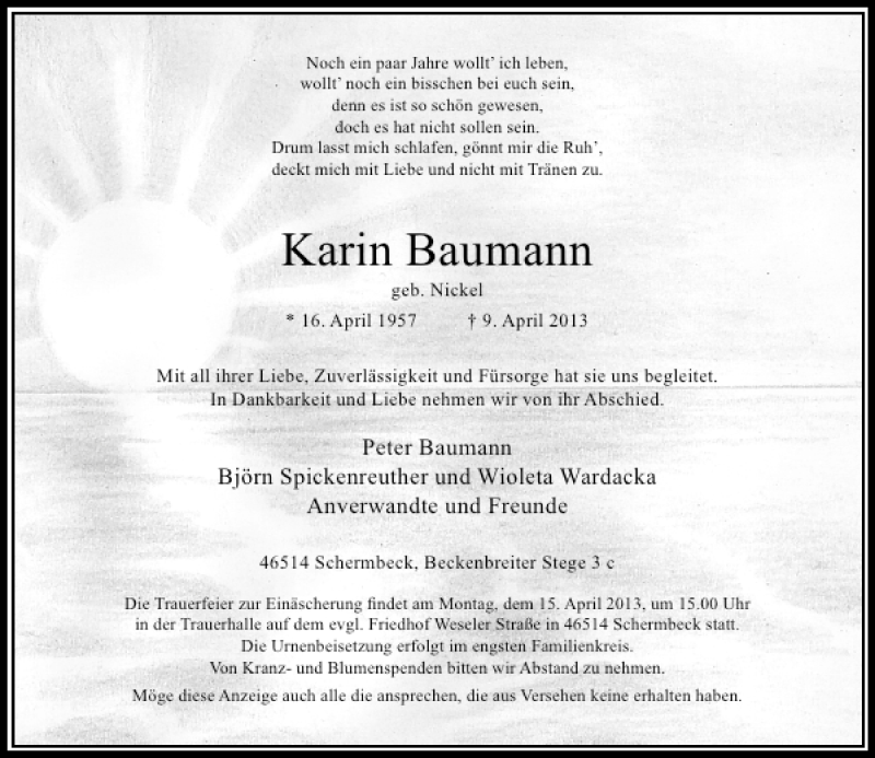  Traueranzeige für Karin Baumann vom 10.04.2013 aus Rheinische Post