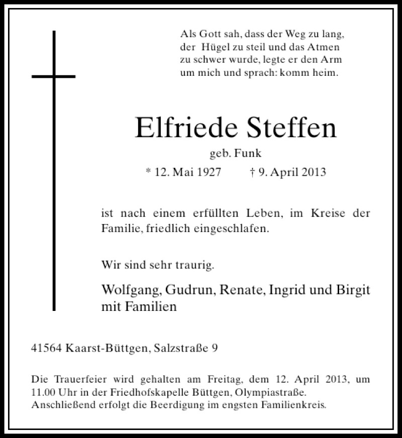  Traueranzeige für Elfriede Steffen vom 11.04.2013 aus Rheinische Post