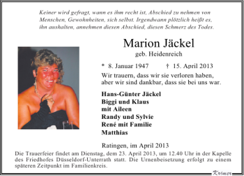 Alle Traueranzeigen für Marion Jäckel trauer rp online de